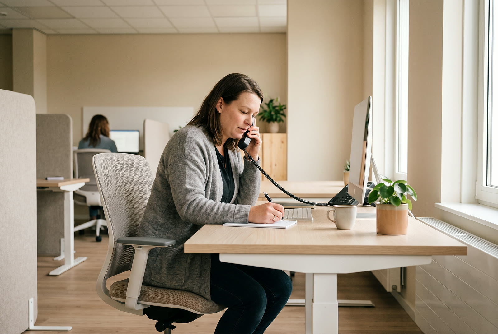 Een medewerker aan de telefoon op kantoor
