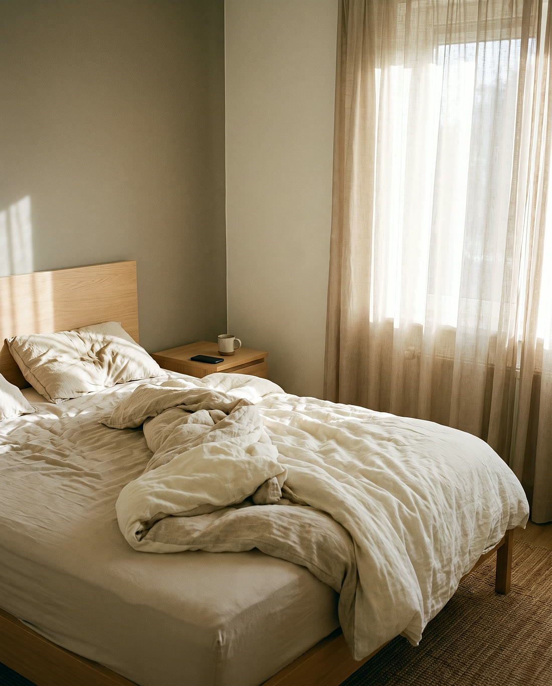 Een onopgemaakt bed in het ochtendlicht