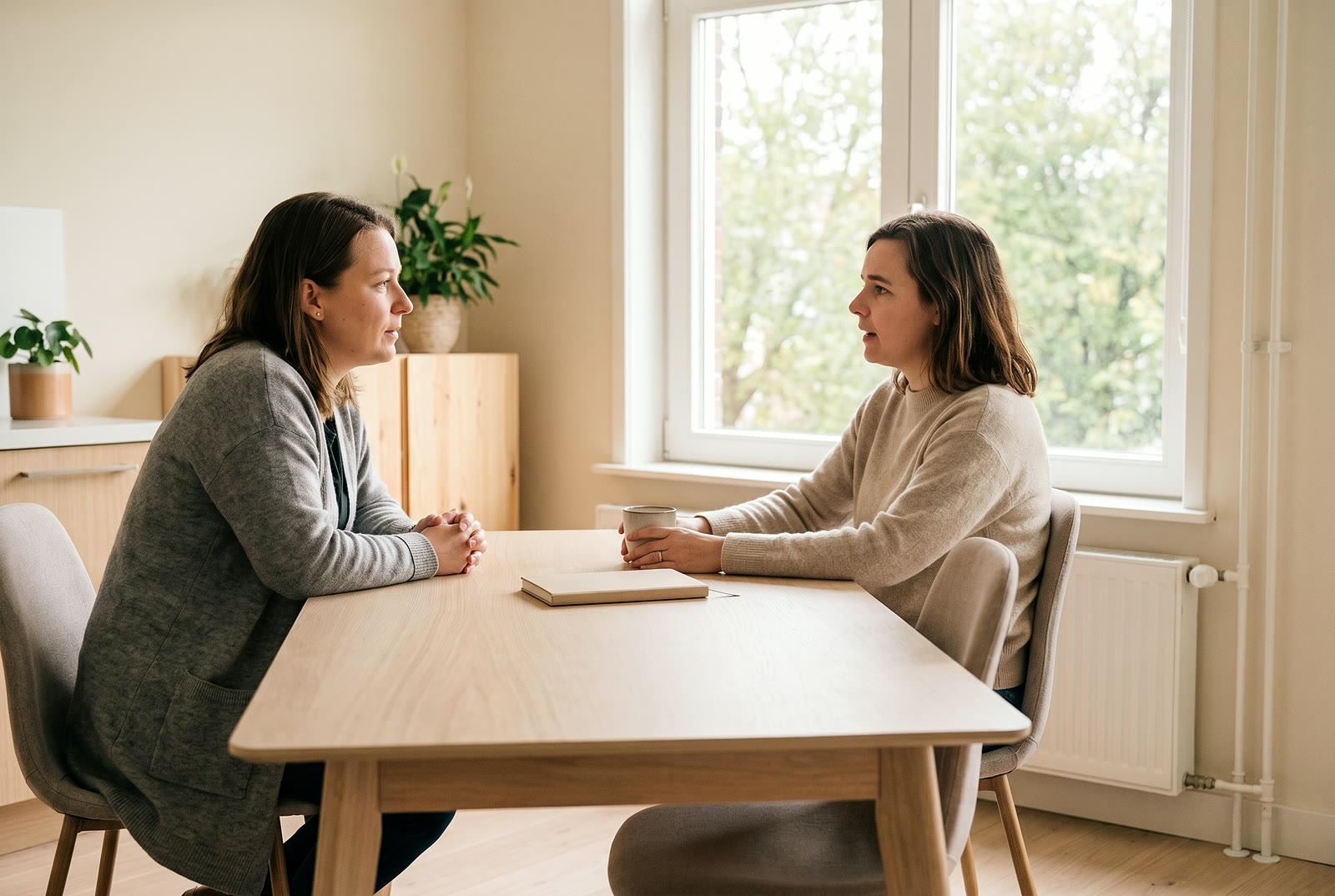 Twee vrouwen in gesprek aan een tafel